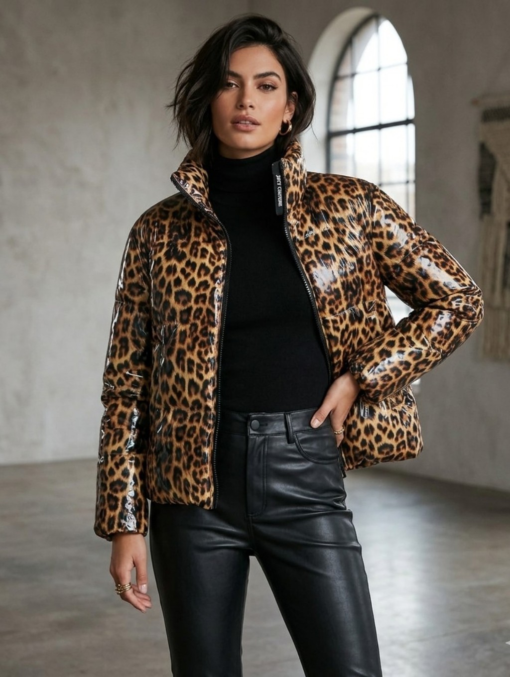 Juicy Couture Black Label Glossy Leopard Print Down Puffer Jacket Sz Small Nwot